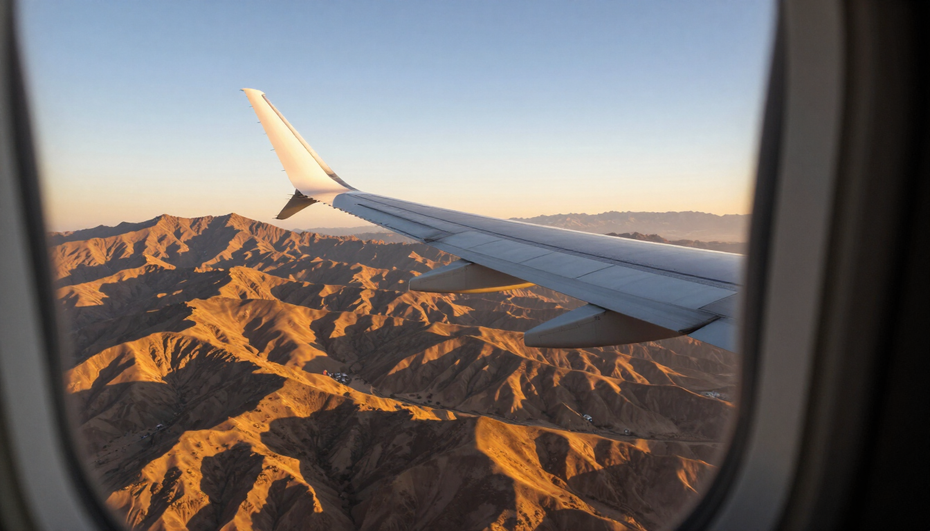 Vista del ala de un avión sobre montañas al atardecer