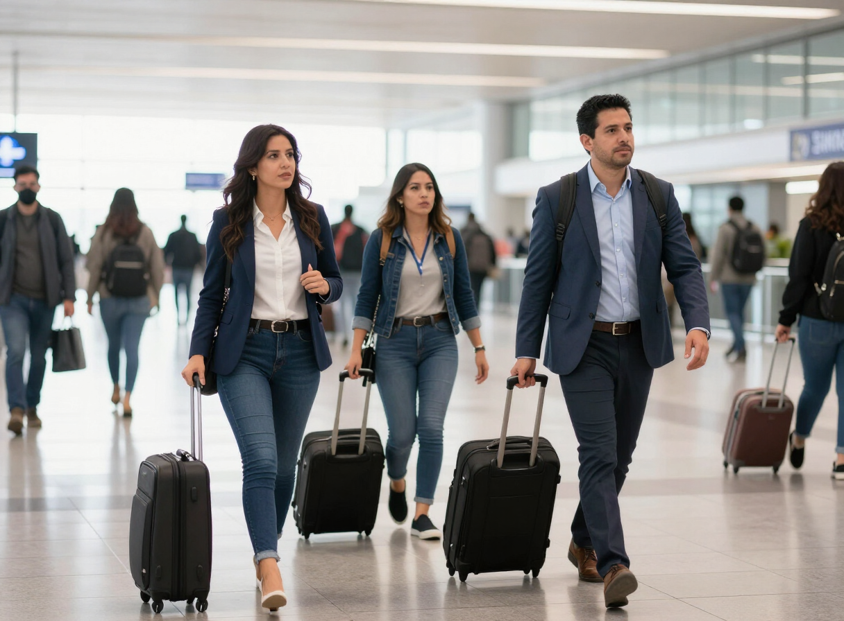 Viajeros con equipaje de mano en una terminal aérea